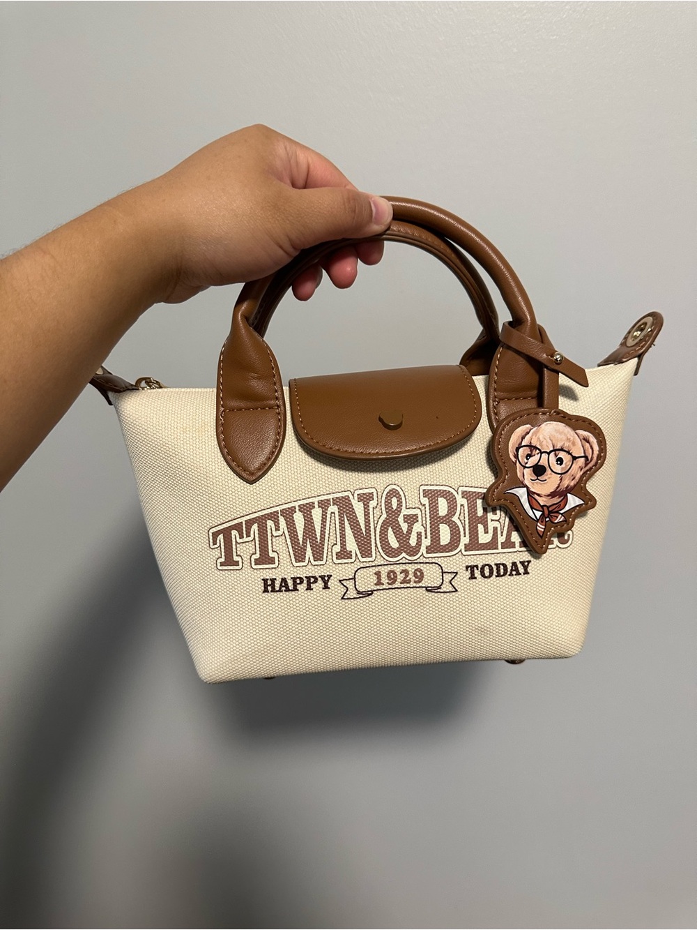 Mini Tote in Cream with Brown Trim and Bear Charm
